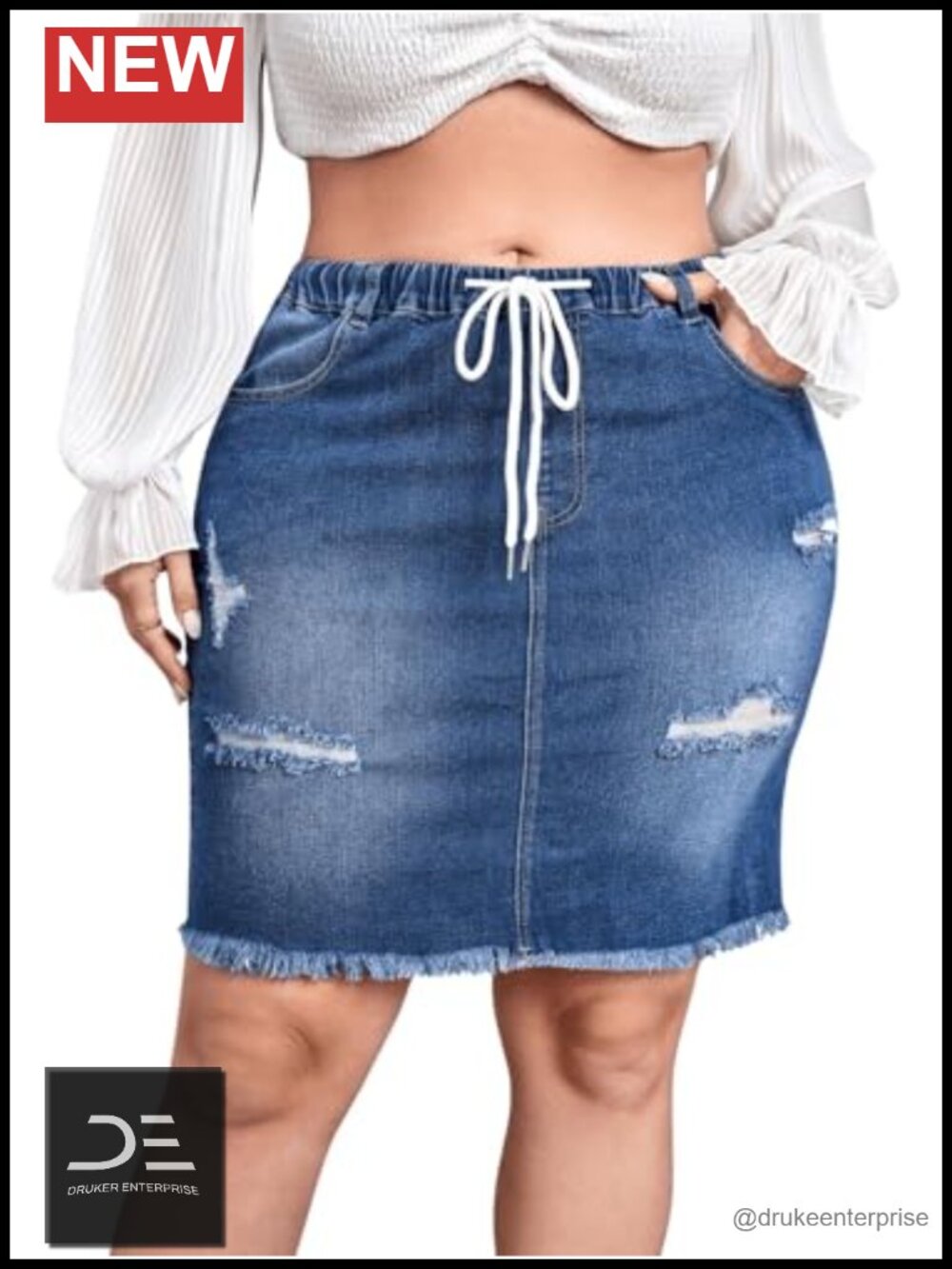 Plus Size High Waist Denim Skirt Drawstring Stretchy Raw Hem Pocket Elastic
